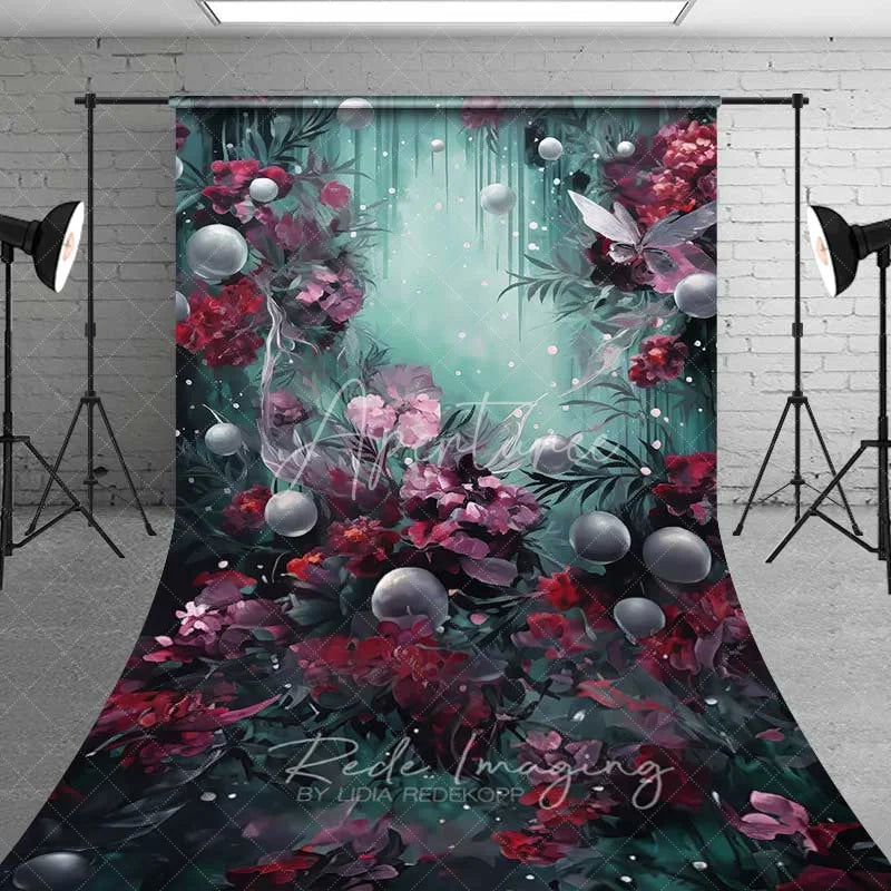 Aperturee - Aperturee Fantasy Floral Pearl Sweep Backdrop Burgundy Flowers Teal Mist Photography Floor Mat Artistic Dreamy Decoration
