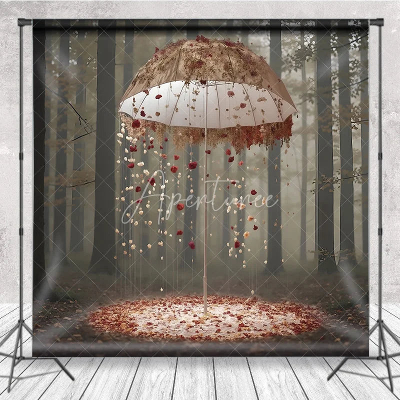 Aperturee - Aperturee Fantasy Forest Backdrop Floral Umbrella Rain Magic Woods Background Dreamy Fairytale Valentine Portrait Prop
