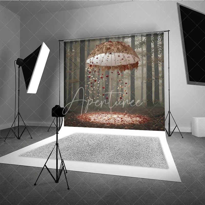 Aperturee - Aperturee Fantasy Forest Backdrop Floral Umbrella Rain Magic Woods Background Dreamy Fairytale Valentine Portrait Prop