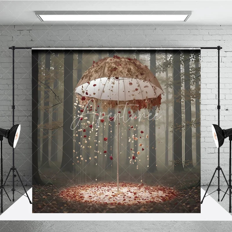 Aperturee - Aperturee Fantasy Forest Backdrop Floral Umbrella Rain Magic Woods Background Dreamy Fairytale Valentine Portrait Prop