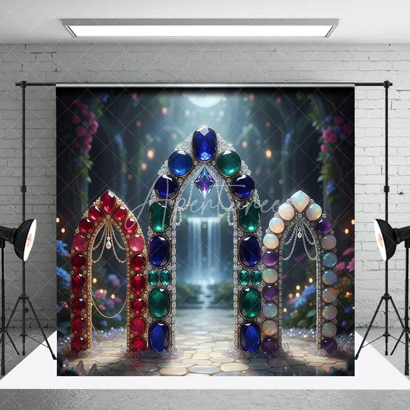 Aperturee - Aperturee Fantasy Gemstone Arch Waterfall Backdrop Magical Night Forest Moon for Birthday Party