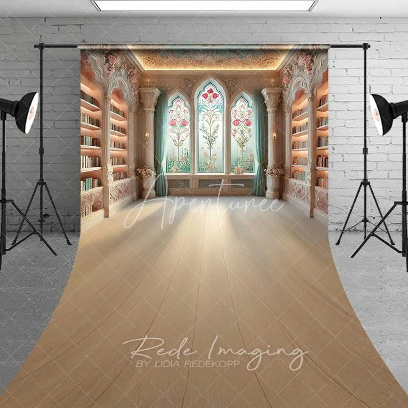 Aperturee - Aperturee Fantasy Library Sweep Backdrop Wooden Floor Stained Glass Light Photography Floor Mat Magic School Decoration