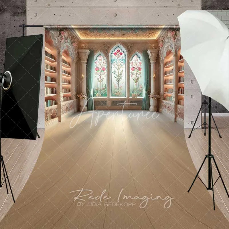 Aperturee - Aperturee Fantasy Library Sweep Backdrop Wooden Floor Stained Glass Light Photography Floor Mat Magic School Decoration
