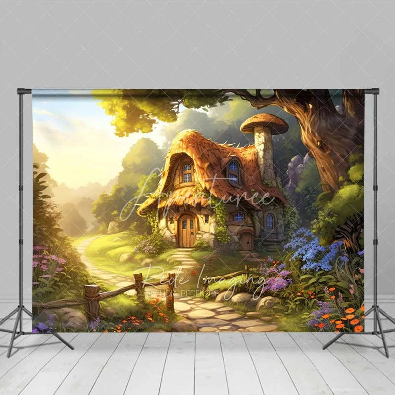 Aperturee - Aperturee Fantasy Mushroom House Photography Backdrop Fairytale Forest Cottage Photo Background Magic Garden Path Photo Booth