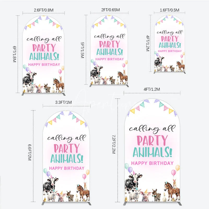 Aperturee - Aperturee Farm Animals Birthday Arched Backdrop ’Calling All Party Animals’ for Rustic Farmhouse Barnyard Party Decor