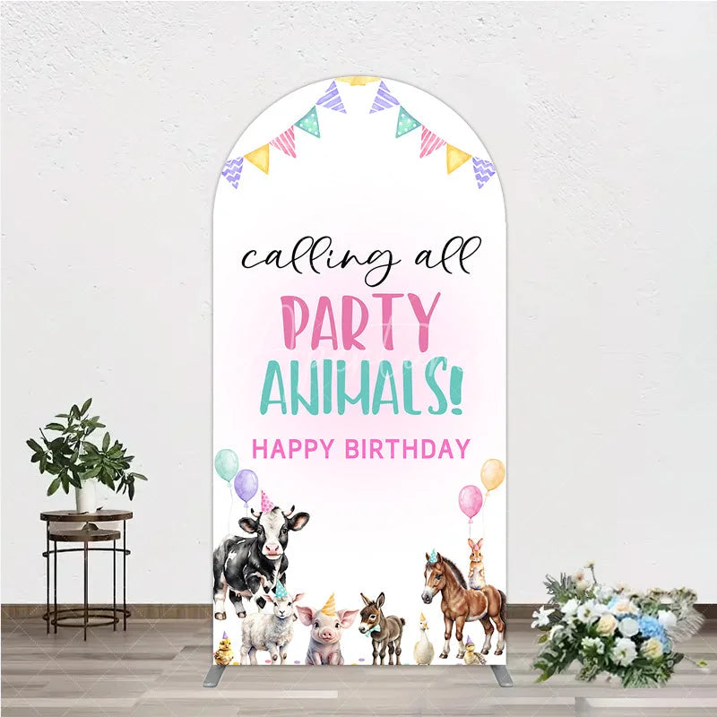 Aperturee - Aperturee Farm Animals Birthday Arched Backdrop ’Calling All Party Animals’ for Rustic Farmhouse Barnyard Party Decor