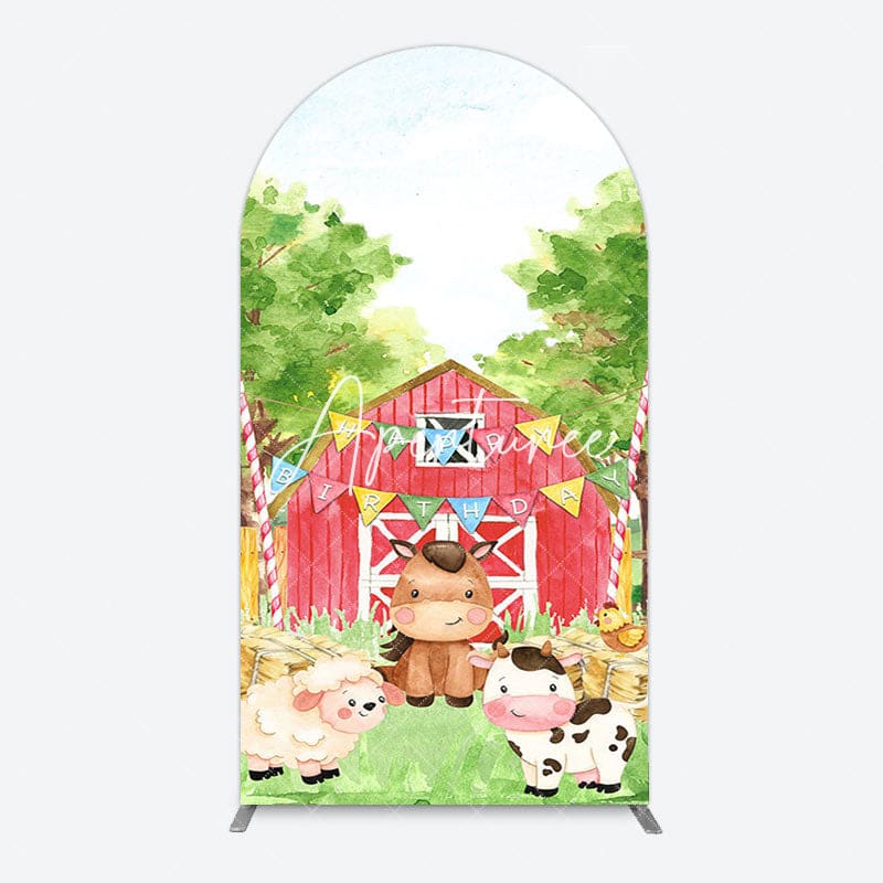 Aperturee - Aperturee Farm Animals Red Barn Happy Birthday Arch Backdrop