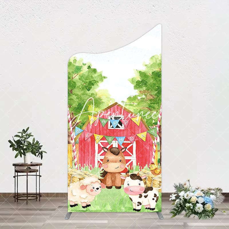 Aperturee - Aperturee Farm Animals Red Barn Happy Birthday Arch Backdrop