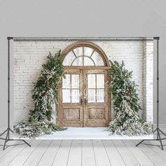 Aperturee - Aperturee Farmhouse Christmas Backdrop Rustic Wood Arched Door Snowy Pine Garland White Brick Wall Background