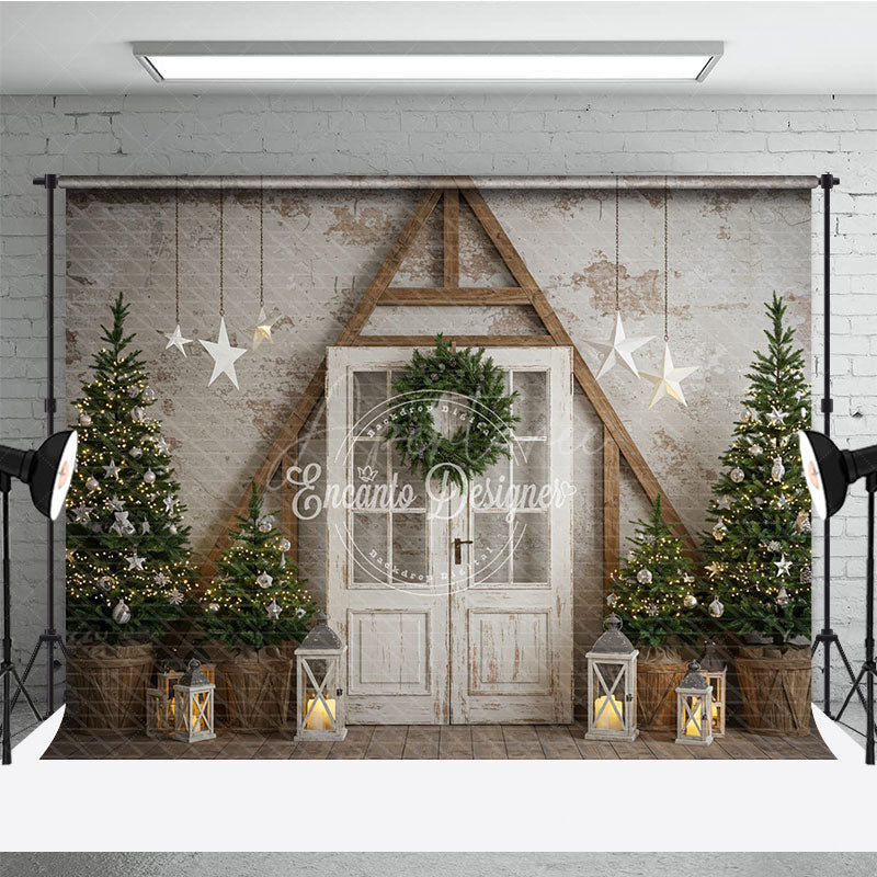 Aperturee - Aperturee Farmhouse Christmas Door Photography Backdrop Rustic A-Frame with Trees Holiday Mini Session Background