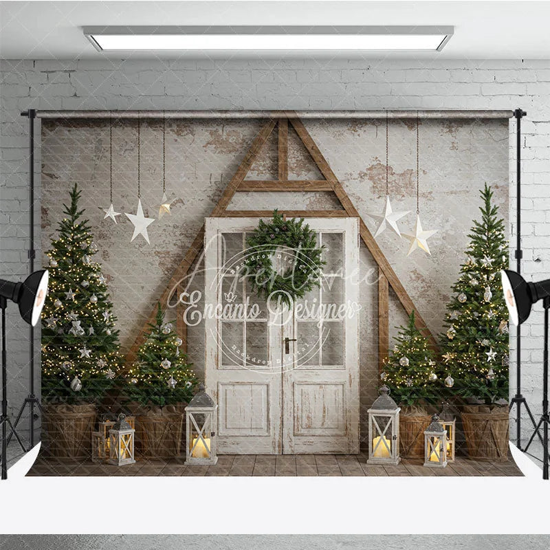 Aperturee - Aperturee Farmhouse Christmas Door Photography Backdrop Rustic A-Frame with Trees Holiday Mini Session Background