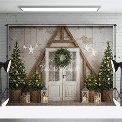 Aperturee - Aperturee Farmhouse Christmas Door Photography Backdrop Rustic A-Frame with Trees Holiday Mini Session Background