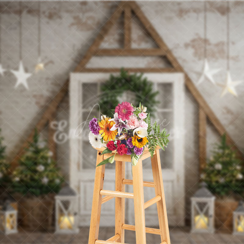 Aperturee - Aperturee Farmhouse Christmas Door Photography Backdrop Rustic A-Frame with Trees Holiday Mini Session Background