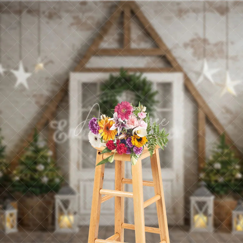 Aperturee - Aperturee Farmhouse Christmas Door Photography Backdrop Rustic A-Frame with Trees Holiday Mini Session Background