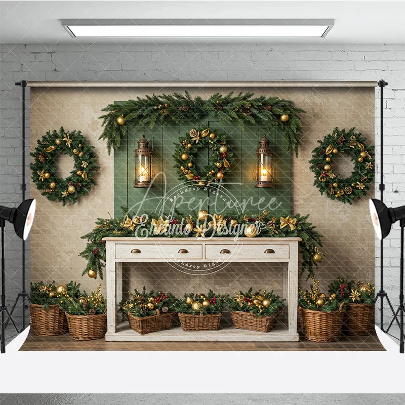 Aperturee - Aperturee Farmhouse Christmas Photography Backdrop Green Wall with Wreaths and Lanterns Rustic Holiday Photo Background