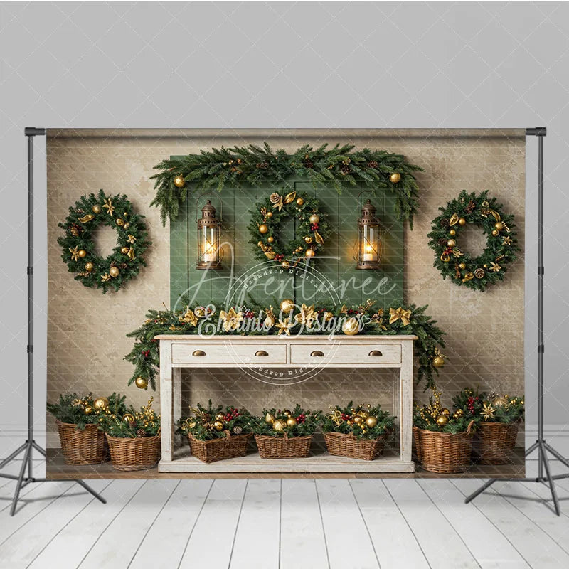 Aperturee - Aperturee Farmhouse Christmas Photography Backdrop Green Wall with Wreaths and Lanterns Rustic Holiday Photo Background