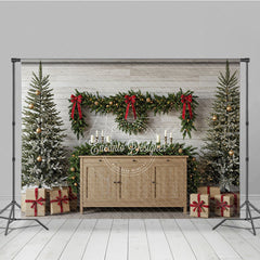 Aperturee - Aperturee Farmhouse Christmas Photography Backdrop Rustic Wood Console with Flocked Trees Holiday Mini Session Background