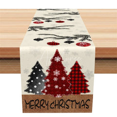 Aperturee - Aperturee Farmhouse Christmas Table Runner Beige Burlap Runner with Pine Branch Plaid Trees Holiday Table Decor