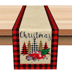 Aperturee - Aperturee Farmhouse Christmas Table Runner Burlap Runner with Red Truck Red Buffalo Plaid Border Table Decor