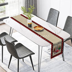 Aperturee - Aperturee Farmhouse Christmas Table Runner Burlap Runner with Red Truck Red Buffalo Plaid Border Table Decor