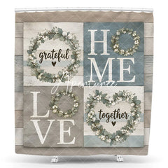 Aperturee - Aperturee Farmhouse Grateful Home Love Together Floral Wreath Shower Curtain Rustic Wood Plank Bathroom Decor