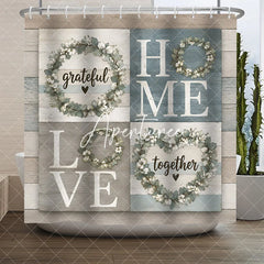 Aperturee - Aperturee Farmhouse Grateful Home Love Together Floral Wreath Shower Curtain Rustic Wood Plank Bathroom Decor
