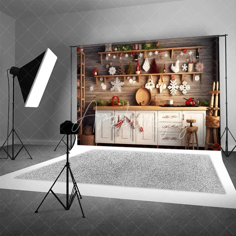 Aperturee - Aperturee Farmhouse Pantry Christmas Backdrop Wooden Shelves White Ornaments Rustic Kitchen Wall Photo Background