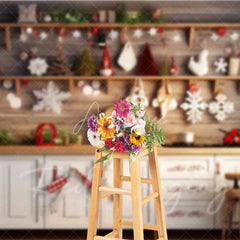 Aperturee - Aperturee Farmhouse Pantry Christmas Backdrop Wooden Shelves White Ornaments Rustic Kitchen Wall Photo Background