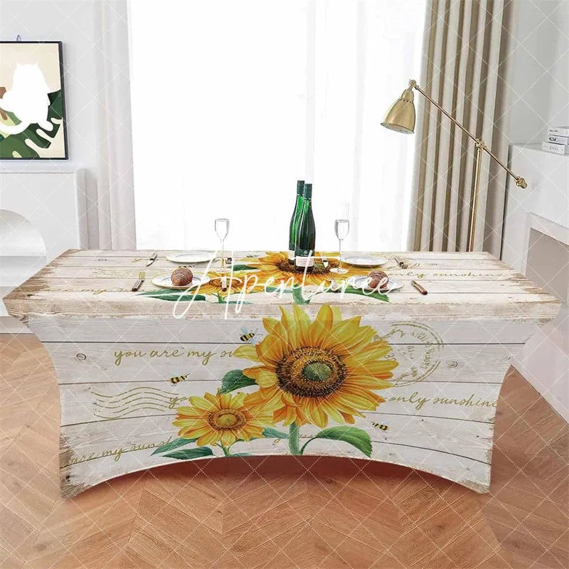 Aperturee - Aperturee Farmhouse Sunflower Wood Plank Stretch Table Cover