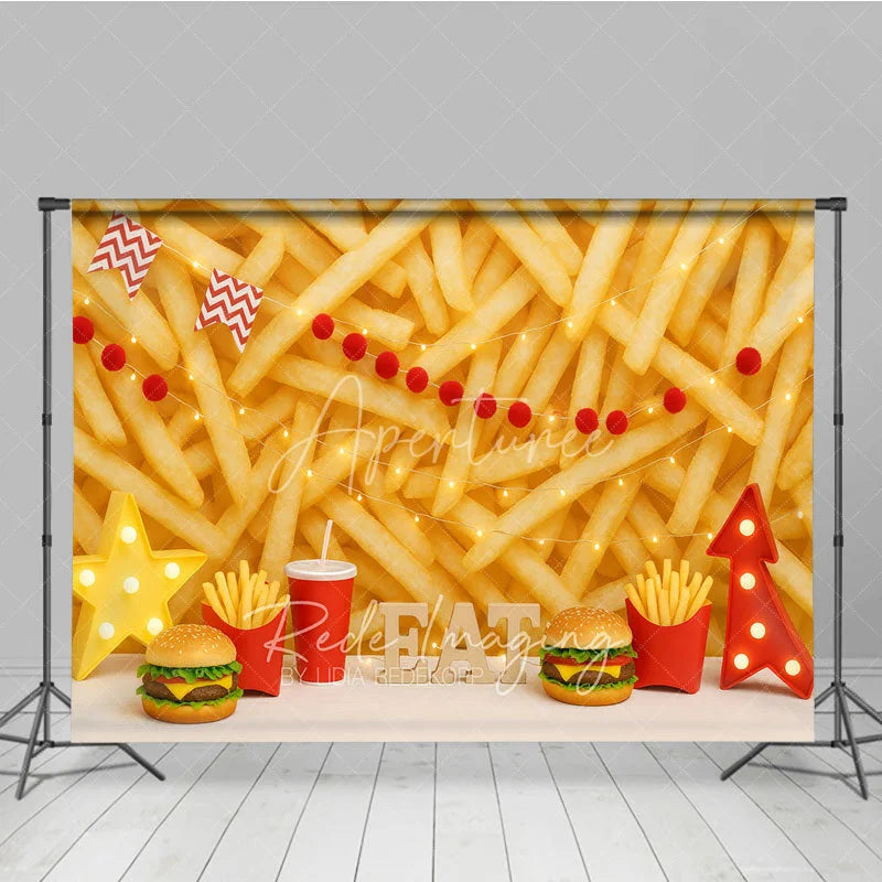 Aperturee - Aperturee Fast Food Burger and Fries Photography Backdrop Junk Food Theme Birthday Photo Background