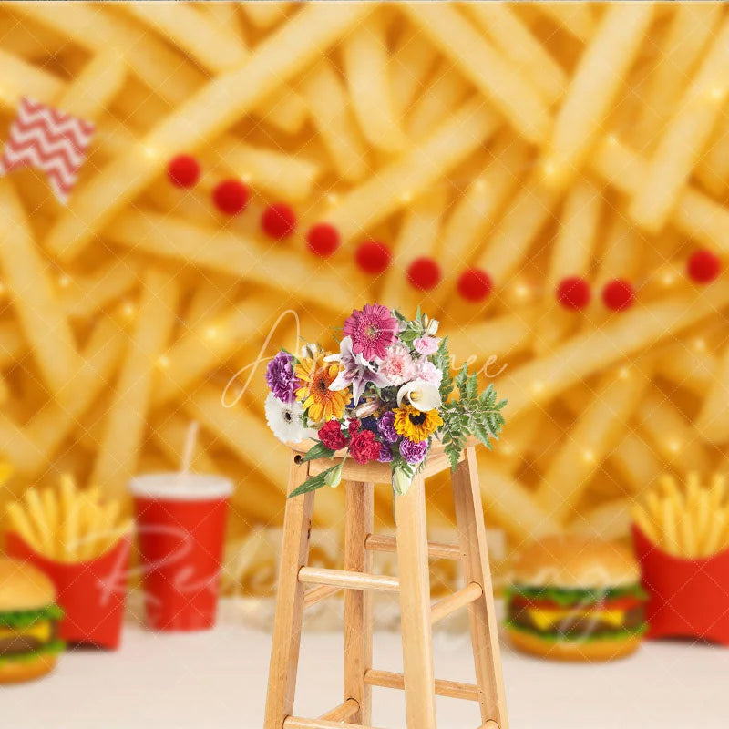 Aperturee - Aperturee Fast Food Burger and Fries Photography Backdrop Junk Food Theme Birthday Photo Background