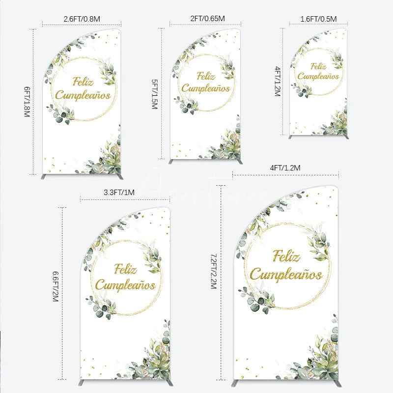 Aperturee - Aperturee Feliz Cumplea?os Half Moon Arch Backdrop Eucalyptus Greenery Gold Frame Birthday Party Decor