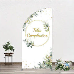 Aperturee - Aperturee Feliz Cumplea?os Half Moon Arch Backdrop Eucalyptus Greenery Gold Frame Birthday Party Decor