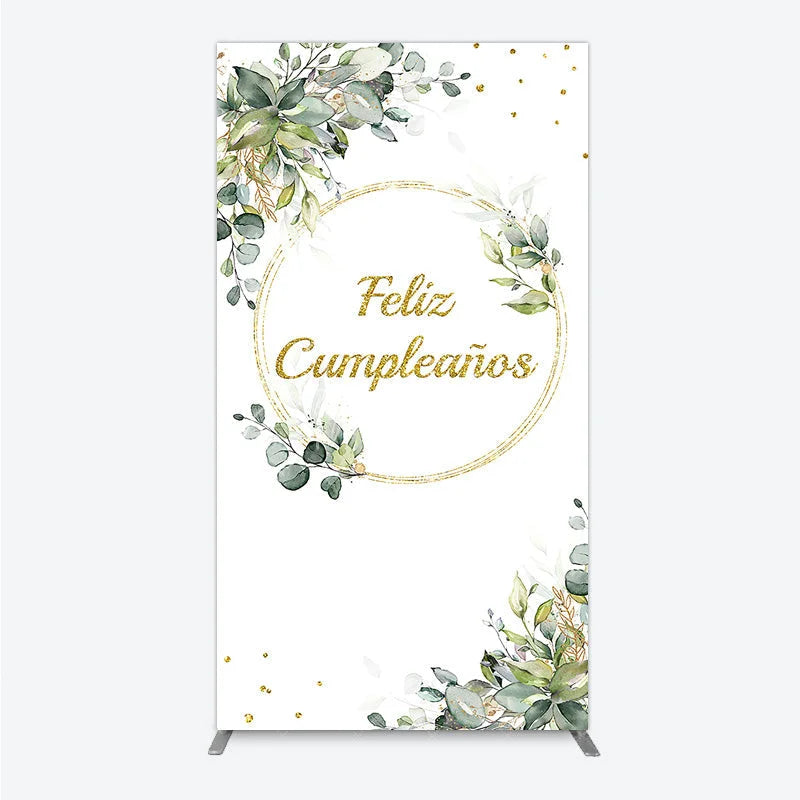 Aperturee - Aperturee Feliz Cumplea?os Rectangle Backdrop Eucalyptus Greenery Gold Frame Birthday Party Decor