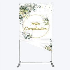 Aperturee - Aperturee Feliz Cumplea?os Rectangle Backdrop Eucalyptus Greenery Gold Frame Birthday Party Decor