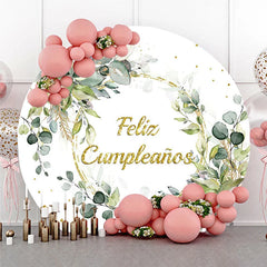 Aperturee - Aperturee Feliz Cumpleanos Eucalyptus Round Backdrop Green Leaves and Gold Glitter Ring Birthday Background