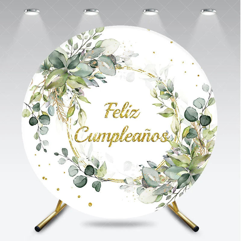 Aperturee - Aperturee Feliz Cumpleanos Eucalyptus Round Backdrop Green Leaves and Gold Glitter Ring Birthday Background