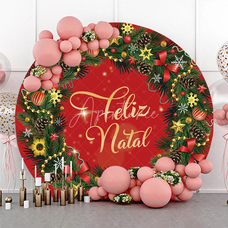 Aperturee - Aperturee Feliz Natal Red Round Backdrop Christmas Wreath Pine Cone Decor Prop