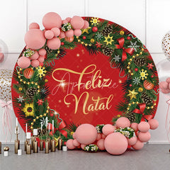 Aperturee - Aperturee Feliz Natal Red Round Backdrop Christmas Wreath Pine Cone Decor Prop