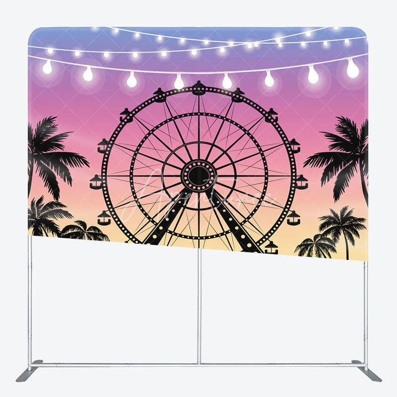 Aperturee - Aperturee Ferris Wheel at Sunset Double-Sided Tension Fabric Backdrop Carnival Festival with Palm Trees Party Photo Booth