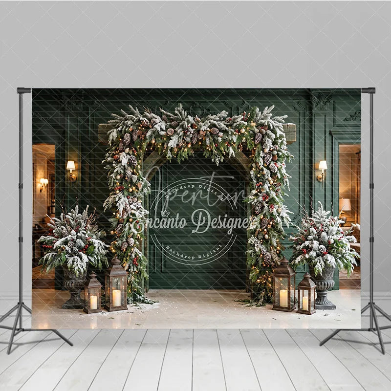 Aperturee - Aperturee Festive Archway Holiday Backdrop with Frosted Pine Pinecones and Warm Lights Elegant Winter Decor