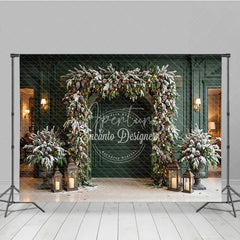 Aperturee - Aperturee Festive Archway Holiday Backdrop with Frosted Pine Pinecones and Warm Lights Elegant Winter Decor