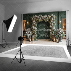 Aperturee - Aperturee Festive Archway Holiday Backdrop with Frosted Pine Pinecones and Warm Lights Elegant Winter Decor