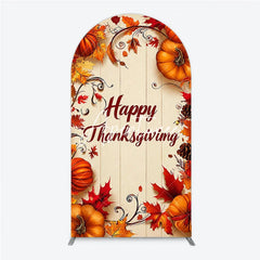 Aperturee - Aperturee Festive Autumn Happy Thanksgiving Round Top Arch Backdrop with Pumpkins and Fall Leaves Rustic Wooden Background Decor
