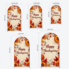 Aperturee - Aperturee Festive Autumn Happy Thanksgiving Round Top Arch Backdrop with Pumpkins and Fall Leaves Rustic Wooden Background Decor