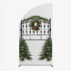 Aperturee - Aperturee Festive Black Metal Half Moon Arch Backdrop with Christmas Wreath Pine Garland and Red Berries Holiday Party Decor.