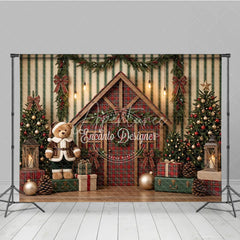 Aperturee - Aperturee Festive Christmas Cabin and Teddy Bear Holiday Backdrop Decorated Trees with Gifts and Winter Decor