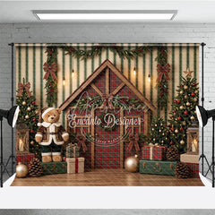 Aperturee - Aperturee Festive Christmas Cabin and Teddy Bear Holiday Backdrop Decorated Trees with Gifts and Winter Decor