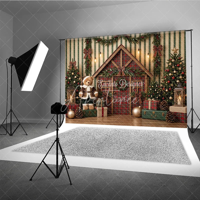 Aperturee - Aperturee Festive Christmas Cabin and Teddy Bear Holiday Backdrop Decorated Trees with Gifts and Winter Decor