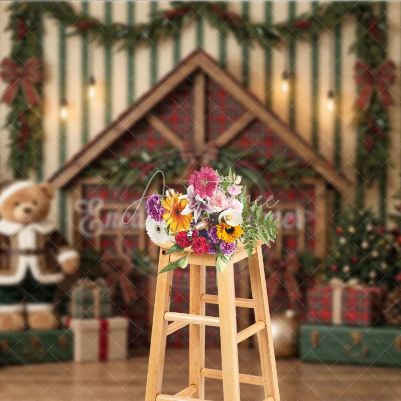 Aperturee - Aperturee Festive Christmas Cabin and Teddy Bear Holiday Backdrop Decorated Trees with Gifts and Winter Decor